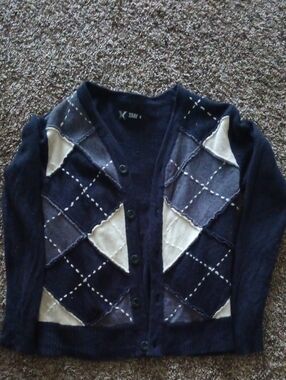 Women's Wool Navy Blue Argyle Cardigan Sweater By X-ray Sz M